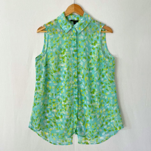 LANE BRYANT Size 14 Split Tail Sleeveless Button Front Turquoise Print Top - Picture 1 of 9